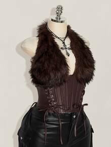 SHEIN ICON Plus Size Y2K Sexy Faux Fur Patchwork Halter Neck Corset Top Winter - Brown - View 7