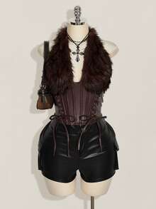 SHEIN ICON Plus Size Y2K Sexy Faux Fur Patchwork Halter Neck Corset Top Winter - Brown - View 4