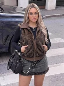SHEIN ICON Plus Size Women's Zipper Front Pocket Fashion Faux Fur Vest Winter - Mocha Brown - View 6