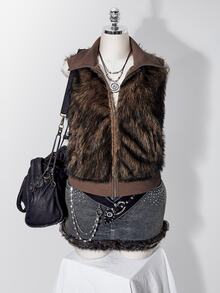 SHEIN ICON Plus Size Women's Zipper Front Pocket Fashion Faux Fur Vest Winter - Mocha Brown - View 2