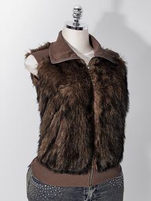 SHEIN ICON Plus Size Women's Zipper Front Pocket Fashion Faux Fur Vest Winter - Mocha Brown - View 14