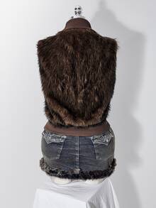 SHEIN ICON Plus Size Women's Zipper Front Pocket Fashion Faux Fur Vest Winter - Mocha Brown - View 15