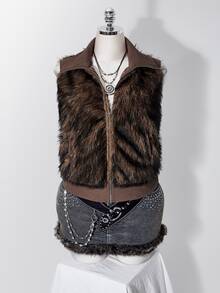 SHEIN ICON Plus Size Women's Zipper Front Pocket Fashion Faux Fur Vest Winter - Mocha Brown - View 13
