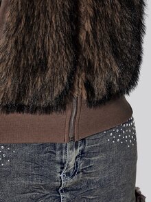SHEIN ICON Plus Size Women's Zipper Front Pocket Fashion Faux Fur Vest Winter - Mocha Brown - View 12