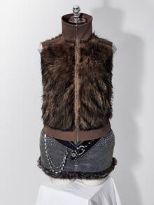 SHEIN ICON Plus Size Women's Zipper Front Pocket Fashion Faux Fur Vest Winter - Mocha Brown - View 10