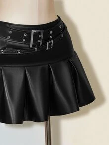 SHEIN ICON Plus Size Belt Buckle Metal Grommet Decor Waist Belt With PU Pleated Mini Skirt Fall - Black - View 6