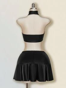 SHEIN ICON Plus Size Belt Buckle Metal Grommet Decor Waist Belt With PU Pleated Mini Skirt Fall - Black - View 8