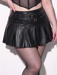 SHEIN ICON Plus Size Belt Buckle Metal Grommet Decor Waist Belt With PU Pleated Mini Skirt Fall - Black - View 3