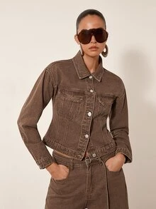 MERLEAU Women's Single-Breasted Pocket Decor Fashion Modern Denim Jacket - Khaki - View 6