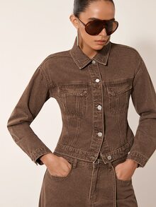 MERLEAU Women's Single-Breasted Pocket Decor Fashion Modern Denim Jacket - Khaki - View 5