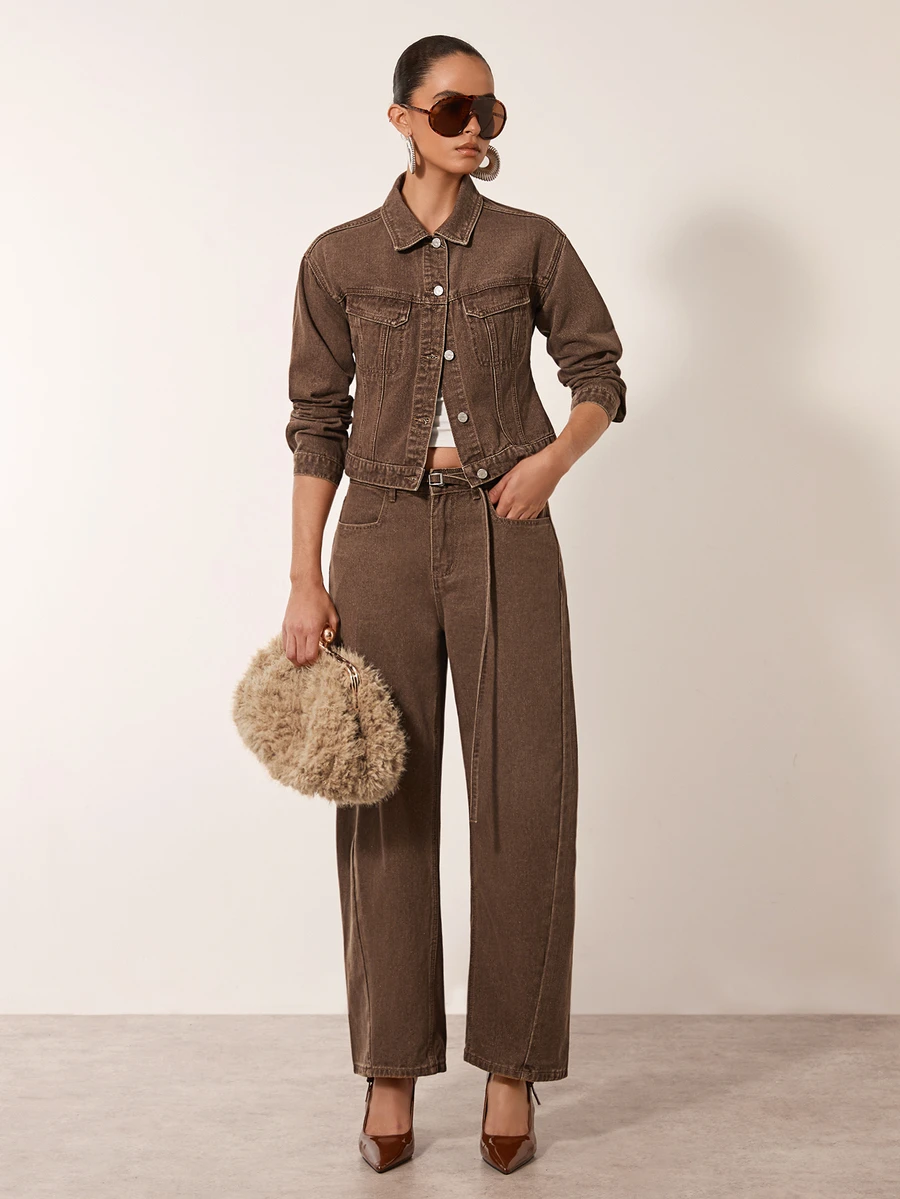 MERLEAU Women's Single-Breasted Pocket Decor Fashion Modern Denim Jacket - Khaki - View 1