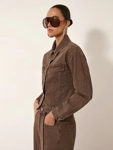 MERLEAU Women's Single-Breasted Pocket Decor Fashion Modern Denim Jacket - Khaki - View 4