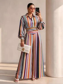 Structelle Women's Casual Elegant Commute Garden Party Professional Grey Blue Shirt Collar Jumpsuit Brunch Fall - Multicolor - View 5