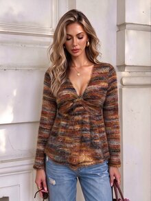 Elyressa Women's Striped Colorblock Long Sleeve Pleated Top - Multicolor - View 1