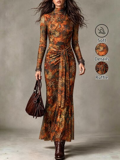 LUMIGAL Vestido longo feminino, vestido feminino de manga comprida, adequado para festa, deslocações para o escritório, vestido longo elegante feminino para o dia a dia