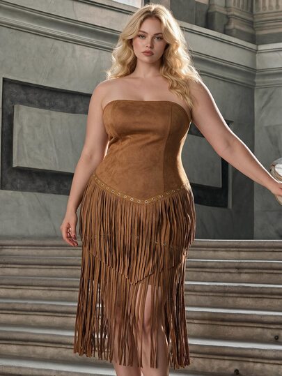 SHEIN MOD Women's Plus Size Chocolate Brown Suede Fringe Tube Dress,Vintage 1920s Strapless Western Fashion,Autumn Tassel Outfits For Concert & Cochella Outfit