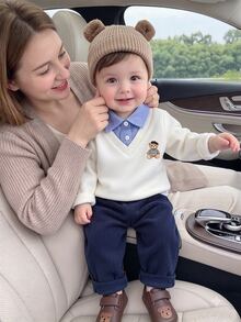 SHEIN 2pcs Baby Boy Preppy Style White Bear Print Fake 2 In 1 Knit Polo Top And Navy Pants Set For Party Fall - Blue and White - View 3