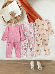 SHEIN 6件組幼兒女嬰上衣褲裝套裝，可愛米色粉色白色花朵蝴蝶結針織長袖圓領按扣正裝舒適秋季公主風女童裝 - 粉色 - 查看 2