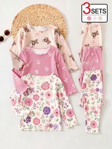 SHEIN 6件組幼兒女嬰上衣褲裝套裝，可愛米色粉色白色花朵蝴蝶結針織長袖圓領按扣正裝舒適秋季公主風女童裝 - 粉色 - 查看 1