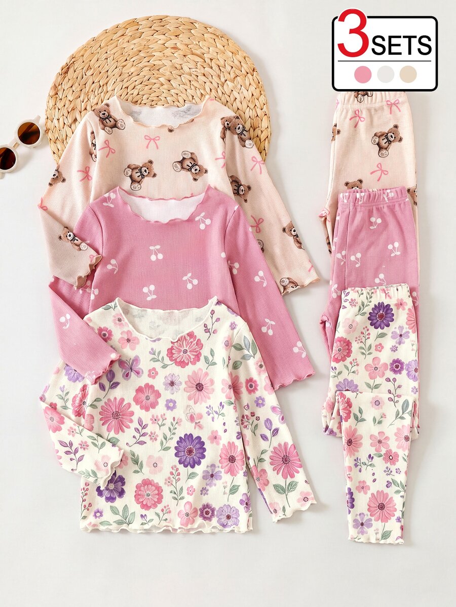 SHEIN 6件組幼兒女嬰上衣褲裝套裝,可愛米色粉色白色花朵蝴蝶結針織長袖圓領按扣正裝舒適秋季公主風女童裝 - 粉色 - 查看 1