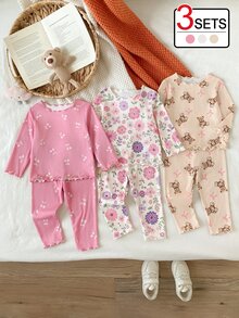 SHEIN 6件組幼兒女嬰上衣褲裝套裝，可愛米色粉色白色花朵蝴蝶結針織長袖圓領按扣正裝舒適秋季公主風女童裝 - 粉色 - 查看 8