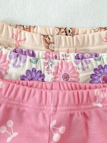 SHEIN 6件組幼兒女嬰上衣褲裝套裝，可愛米色粉色白色花朵蝴蝶結針織長袖圓領按扣正裝舒適秋季公主風女童裝 - 粉色 - 查看 4