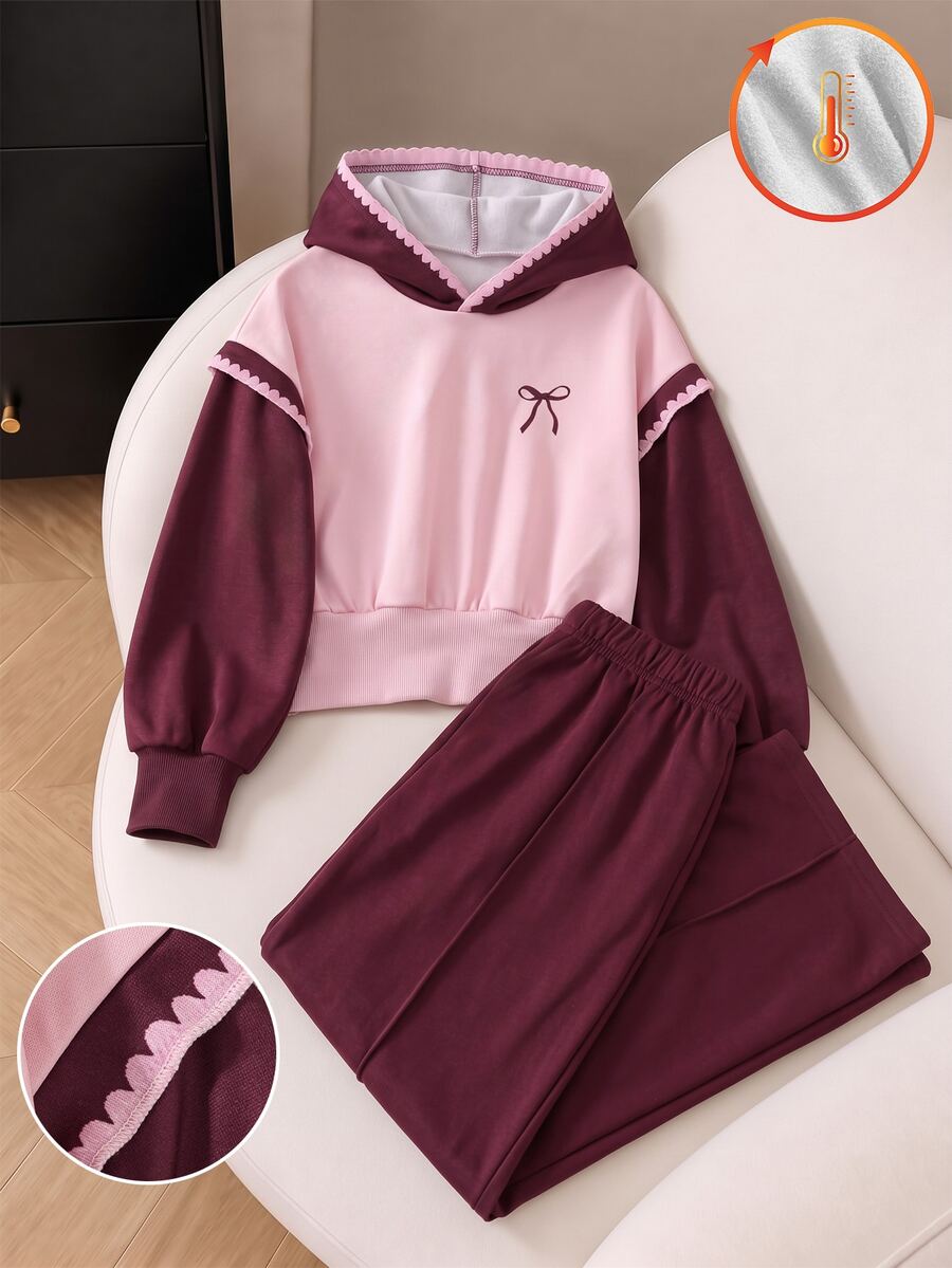SHEIN 少女女孩抓絨保暖 2 件套拼色假兩件式蕾絲飾邊連帽衫與寬腿運動褲套裝 秋冬服飾 - 酒紅色 - 查看 1