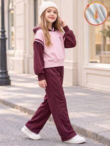 SHEIN 少女女孩抓絨保暖 2 件套拼色假兩件式蕾絲飾邊連帽衫與寬腿運動褲套裝 秋冬服飾 - 酒紅色 - 查看 3