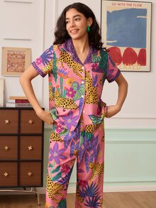 Chillnights Young Fashion Vibrant Fun Leopard & Tropical Plant Print Collared Button-Front Women's Pajama Set - Pink - View 5