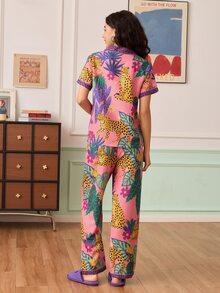 Chillnights Young Fashion Vibrant Fun Leopard & Tropical Plant Print Collared Button-Front Women's Pajama Set - Pink - View 2