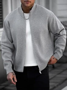 Manfinity CasualCool كارديجان رجالي محبوك بنصف سحاب، نسيج مضلع عمودي، قصة فضفاضة، أكتاف منخفضة، كنزة صوفية كاجوال بلون موحد - رمادي - مشاهدة 7