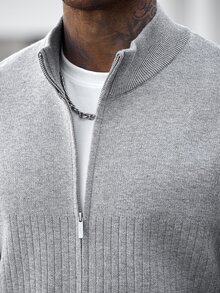 Manfinity CasualCool كارديجان رجالي محبوك بنصف سحاب، نسيج مضلع عمودي، قصة فضفاضة، أكتاف منخفضة، كنزة صوفية كاجوال بلون موحد - رمادي - مشاهدة 4