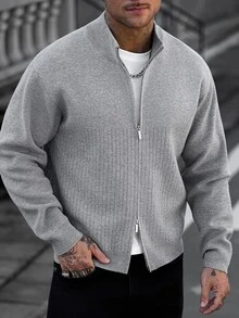 Manfinity CasualCool كارديجان رجالي محبوك بنصف سحاب، نسيج مضلع عمودي، قصة فضفاضة، أكتاف منخفضة، كنزة صوفية كاجوال بلون موحد - رمادي - مشاهدة 3