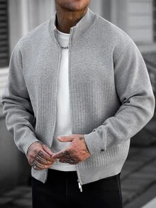 Manfinity CasualCool كارديجان رجالي محبوك بنصف سحاب، نسيج مضلع عمودي، قصة فضفاضة، أكتاف منخفضة، كنزة صوفية كاجوال بلون موحد - رمادي - مشاهدة 1