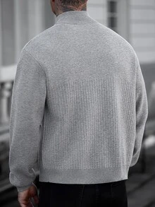 Manfinity CasualCool كارديجان رجالي محبوك بنصف سحاب، نسيج مضلع عمودي، قصة فضفاضة، أكتاف منخفضة، كنزة صوفية كاجوال بلون موحد - رمادي - مشاهدة 2