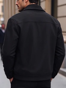Manfinity Bizformal Men's Black Wool Blend Short Jacket With Airplane Buckle Design, Lapel Hidden Button Zipper Casual Outerwear, Minimalist Urban Style Daily Business Coat - Black - View 2
