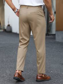 Manfinity Mode Men's Black Waistband Metal Square Buckle Fashion Business Casual Suit Pants, Formal, Old Money - Khaki - View 2
