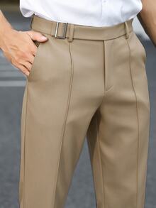 Manfinity Mode Men's Black Waistband Metal Square Buckle Fashion Business Casual Suit Pants, Formal, Old Money - Khaki - View 4