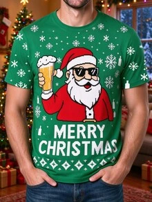 Manfinity Homme Couples Matching Green Christmas T-Shirt With Funny Santa Claus, Beer And Snowflake Graphic, Short Sleeve Holiday Party Tee, Unisex - Multicolor - View 4