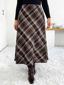 SHEIN Essnce 女款大尺碼秋冬時尚休閒寬鬆舒適日常棕色格紋長裙，冬季穿搭下身簡約風裙子 - 棕色 - 查看 5