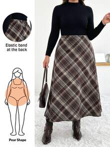 SHEIN Essnce 女款大尺碼秋冬時尚休閒寬鬆舒適日常棕色格紋長裙，冬季穿搭下身簡約風裙子 - 棕色 - 查看 7