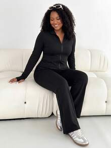 Shapeblank Plus Size Women's Solid Color Long Sleeve Zipper Front Top And Flare Pants Casual 2 Pieces Set Casual 2 Pieces, Fall/Winter, Thanksgiving, New Year - Black - View 8