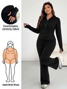 Shapeblank Plus Size Women's Solid Color Long Sleeve Zipper Front Top And Flare Pants Casual 2 Pieces Set Casual 2 Pieces, Fall/Winter, Thanksgiving, New Year - Black - View 9