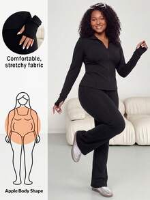 Shapeblank Plus Size Women's Solid Color Long Sleeve Zipper Front Top And Flare Pants Casual 2 Pieces Set Casual 2 Pieces, Fall/Winter, Thanksgiving, New Year - Black - View 2