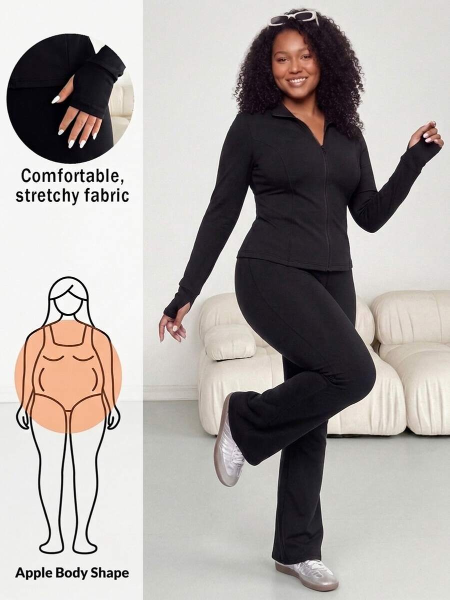 Shapeblank Plus Size Women's Solid Color Long Sleeve Zipper Front Top And Flare Pants Casual 2 Pieces Set Casual 2 Pieces, Fall/Winter, Thanksgiving, New Year