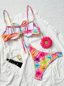 Swim Mod 2pcs/Set Lemon Shrimp & Ocean Print Spaghetti Strap Padded Back Closure Contrast Trim Casual Vacation Bikini Swimwear For Women - Multicolor - View 2
