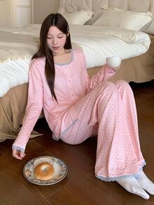 DAZY 2pcs/Set Women's Sweet Lace Patchwork Floral Loose Long Sleeve Cardigan Top & Straight Long Pajama Pants Sleepwear Set - Pink - View 7