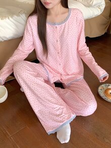 DAZY 2pcs/Set Women's Sweet Lace Patchwork Floral Loose Long Sleeve Cardigan Top & Straight Long Pajama Pants Sleepwear Set - Pink - View 1