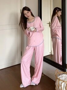 DAZY 2pcs/Set Women's Sweet Lace Patchwork Floral Loose Long Sleeve Cardigan Top & Straight Long Pajama Pants Sleepwear Set - Pink - View 6