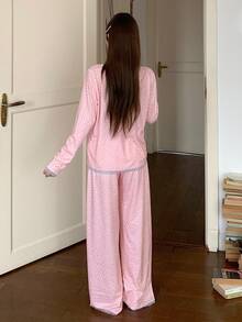 DAZY 2pcs/Set Women's Sweet Lace Patchwork Floral Loose Long Sleeve Cardigan Top & Straight Long Pajama Pants Sleepwear Set - Pink - View 2